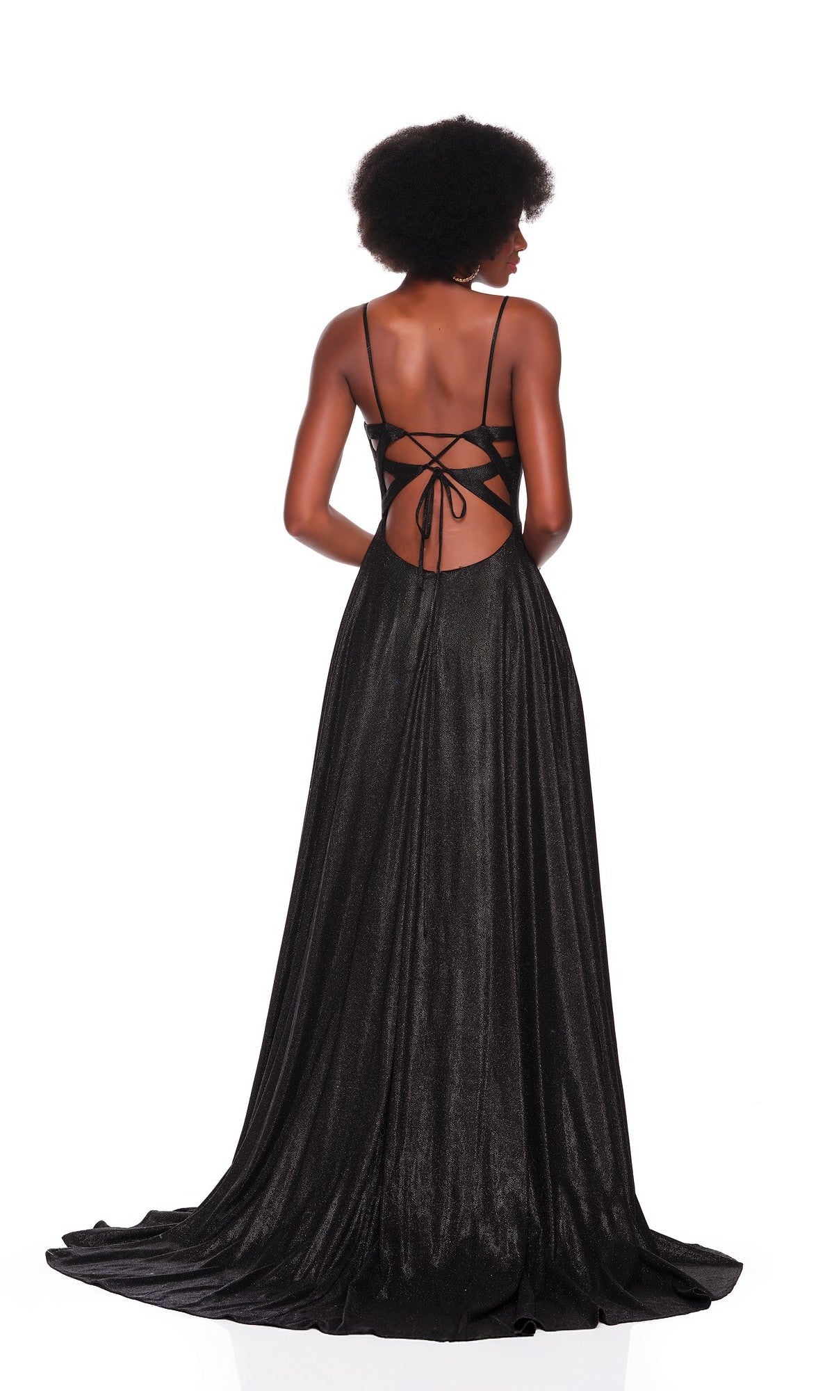 A woman faces away from the camera, showcasing the Dave and Johnny 12408 long prom dress with an open lace-up back and crisscrossed straps.